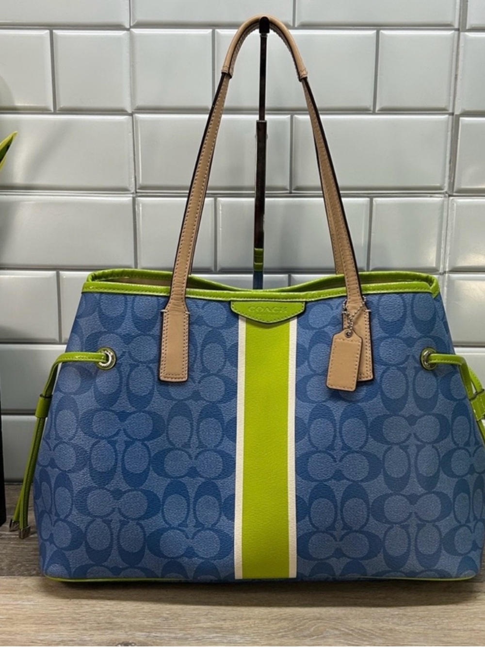 Coach Blue Signature Tote with Lime Center Stripe and Beige Trim